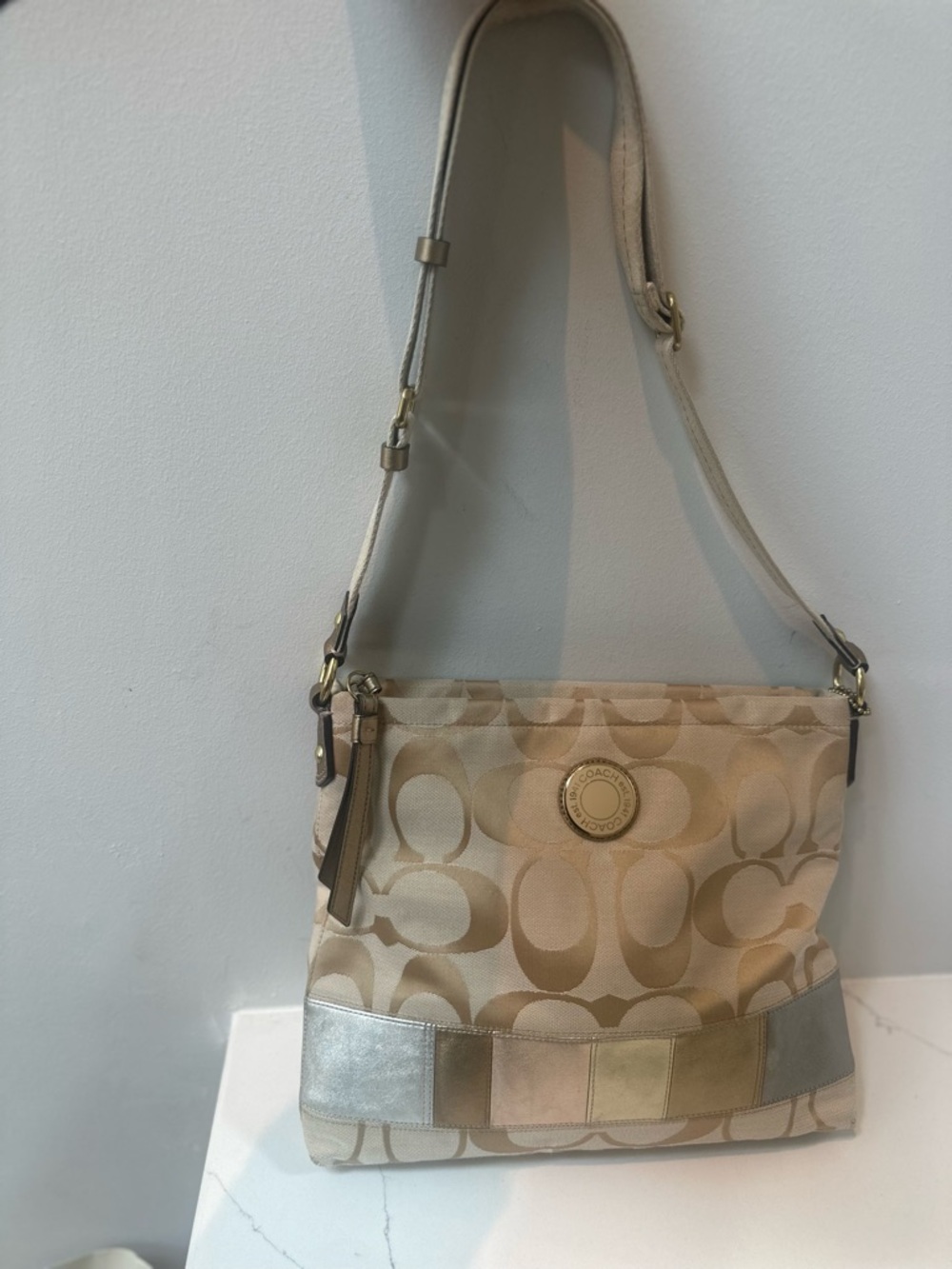 Coach 2012 Beige Signature Shoulder Bag with Metallic Patchwork.